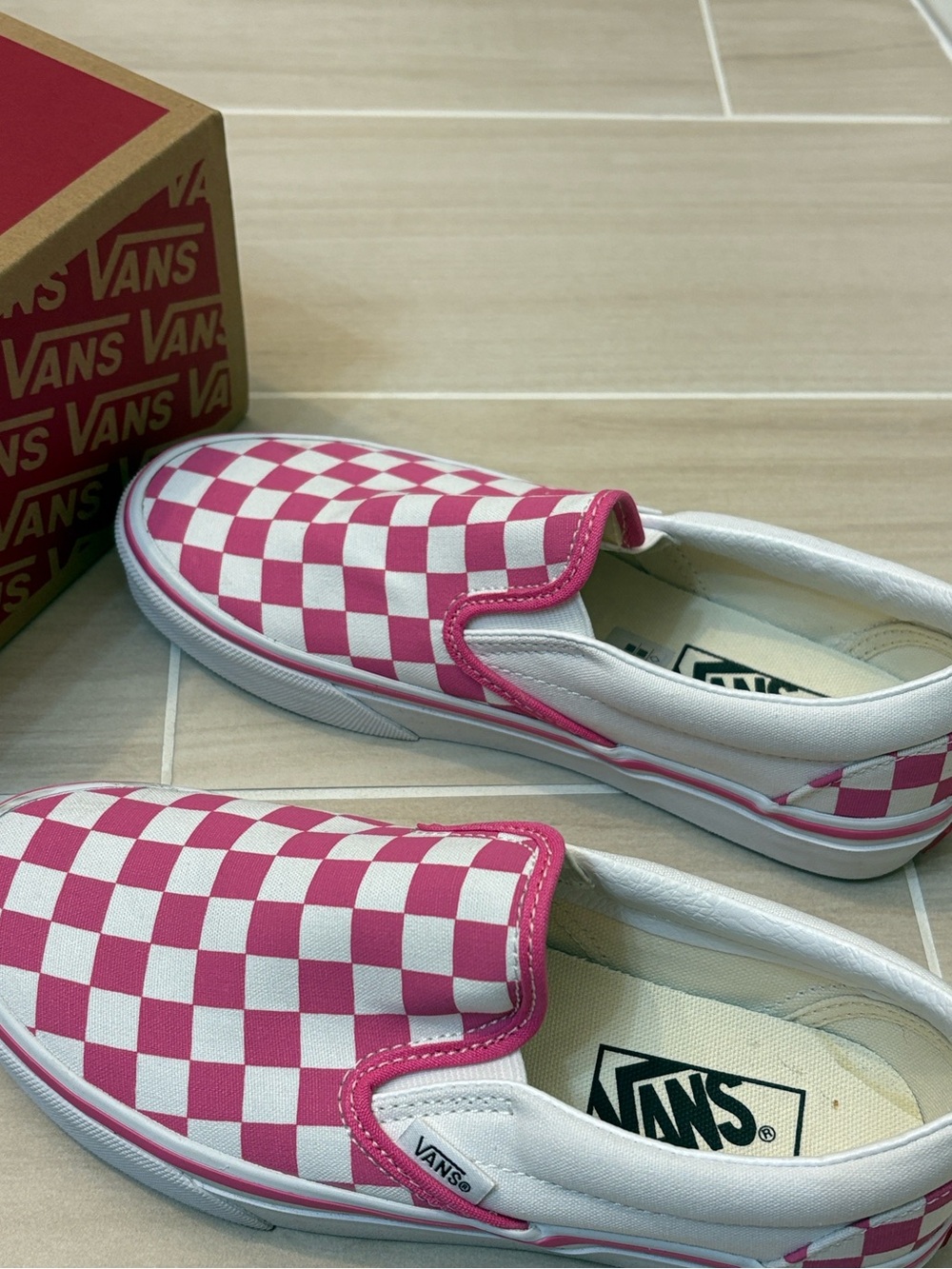 Vans Pink & White Checkerboard Slip-On Sneakers - Picture 4 of 9